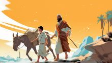 Artist's conception of Isaac with Abraham and a donkey based on Genesis 22, to illustrate the article Who Is Isaac in the Bible?