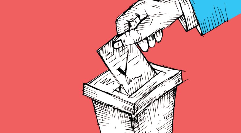 An illustration of a hand putting a ballot into a ballot box to illustrate the article Who Would Jesus Vote For?